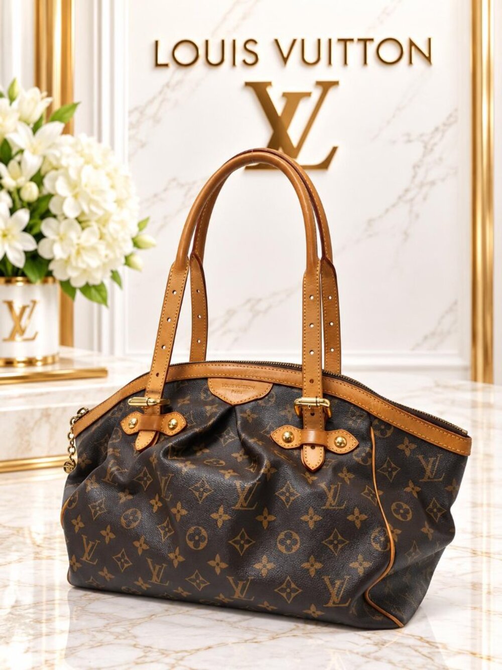 Authentic Louis Vuitton Tivoli GM Monogram Canvas Brown Shoulder Tote Bag